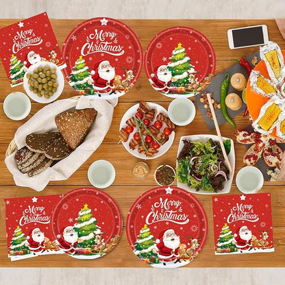80PCS Christmas Plates and Napkins, Cartoon Santa Claus Snowman Christmas Disposable Dinnerware Set Party Supplies, Serves 20 (Green)