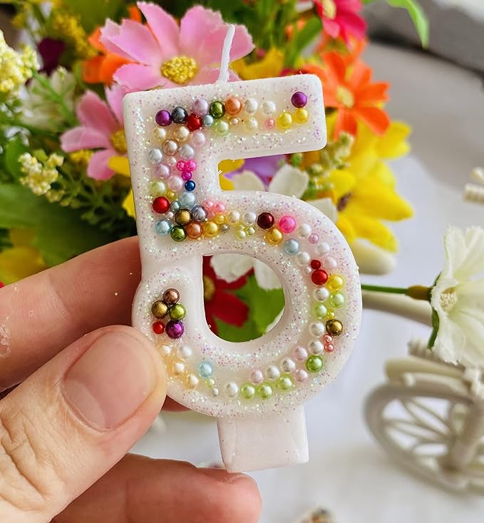 Birthday Candles, Pearl Sequin Number Candle Party Supplies (Number-5)
