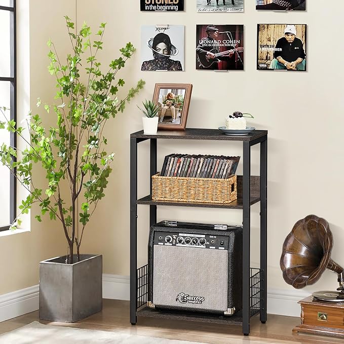 LELELINKY Walnut Oak 18" Wide End Table,3 Tier Large Record Player Stand with Storage Up to 130 Albums,Modern Turntable Stand, Records Vinyl Shelf for Living Room, Bedroom, Printer Desk for Home Office