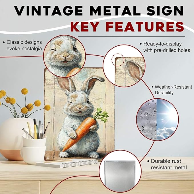 Charming Easter Bunny Metal Sign Vintage Bunny Carrots Rustic Farmhouse Wall Art For Spring Home Decor Living Room Bedroom Kitchen 12x16Inch