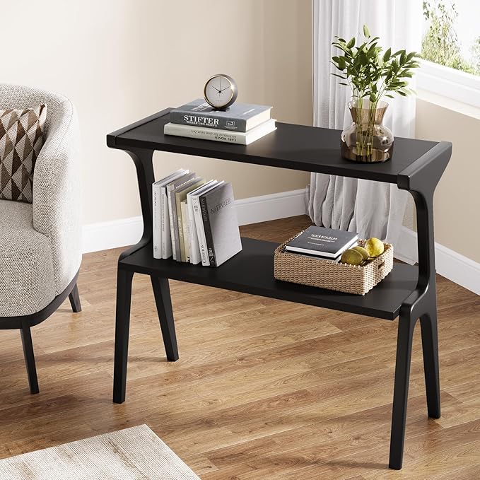 Tribesigns Solid Wood End Table, Modern Side Table for Couch, 2-Tier Narrow Tall End Table, Long Bedside Table for Living Room, Bedroom, Black