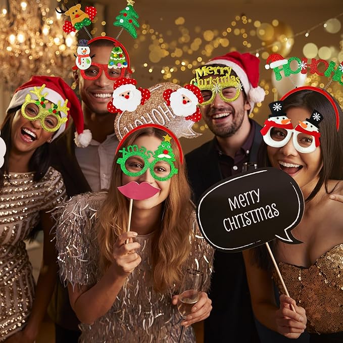 Christmas Party Favors Supplies 24 Pack - Glitter Glasses & Headband Set, Funny Holiday Party Decorations Photo Props, Xmas Costume Eyeglasses Frame & Headwear Accessories Goodie Bag Stocking Stuffers