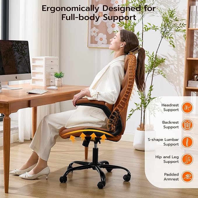 Office Desk Chair, Ergonomic Computer Chair with Padded Flip-Up Arms and Adjustable Lumbar Support, PU Leather Executive Chair with Tilt Lock and 360° Swivel Rolling Wheels for Work, Study