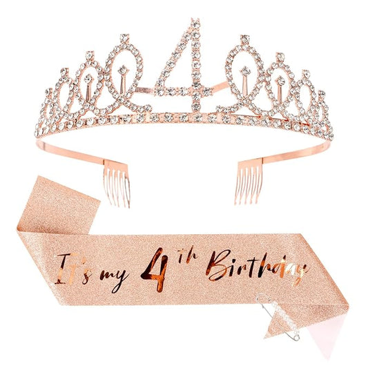 CIEHER 4th Birthday Crown + 4th Birthday Sash + Pearl Pin Set, It's My 4th Birthday Sash, 4 Birthday Tiara, 4th Birthday Decorations for Girls, 4th Birthday Gifts
