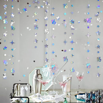 Iridescent Number 16 Circle Dot Twinkle Star Garland Kit Metallic Hanging Streamer Bunting Banner Backdrop Decorations for Girls 16th Birthday Sweet Sixteen Wedding Anniversary Bridal Shower Party
