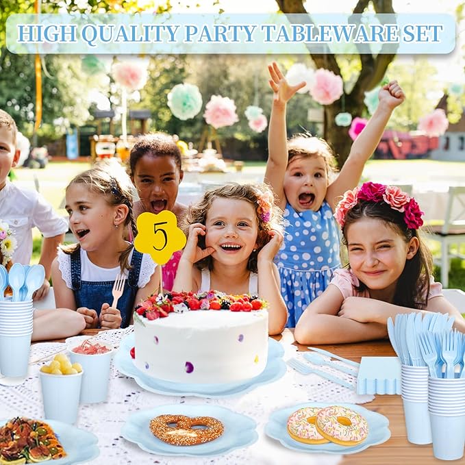192 Pcs Light Blue Paper Plates And Napkins Set Party Supplies - For 24 Guests Paper Plates And Napkins Knives Spoons Forks Cups - For Baby Shower Bridal Shower Wedding