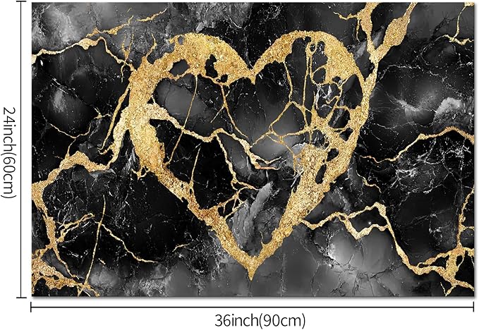 HOMEOART Black and Gold Wall Decor Love Wall Art Gold Heart Picture Marble Print, Living Room Bedroom Love Sign Gothic Decoration, Framed Ready to Hang 24x48inch