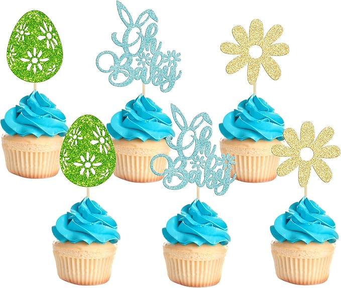 24 Pcs Oh Baby Cupcake Toppers - Blue Glitter Babyshower Cake Picks - Happy Easter Bunny & Spring Theme Boy Birthday Party Decorations