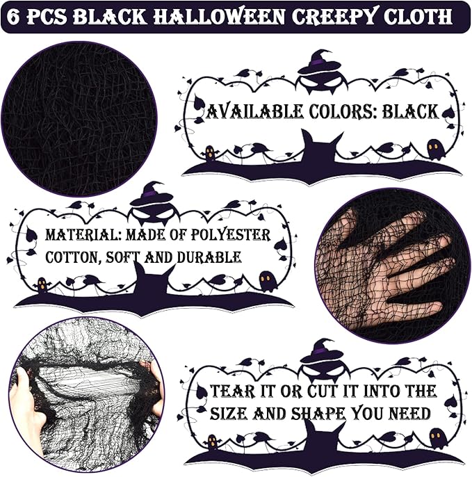 ZeeDix 6 Pack Black Halloween Creepy Cloth 30X75 Inch - Halloween Cheesecloth Decoration Spooky Scary Gauze Black Cheese Cloth for Party Supplies Outdoor Yard Home Wall Doorway
