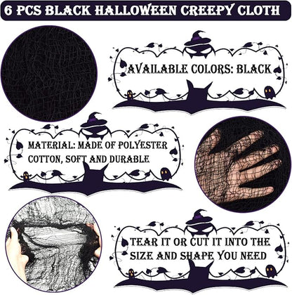 ZeeDix 6 Pack Black Halloween Creepy Cloth 30X75 Inch - Halloween Cheesecloth Decoration Spooky Scary Gauze Black Cheese Cloth for Party Supplies Outdoor Yard Home Wall Doorway
