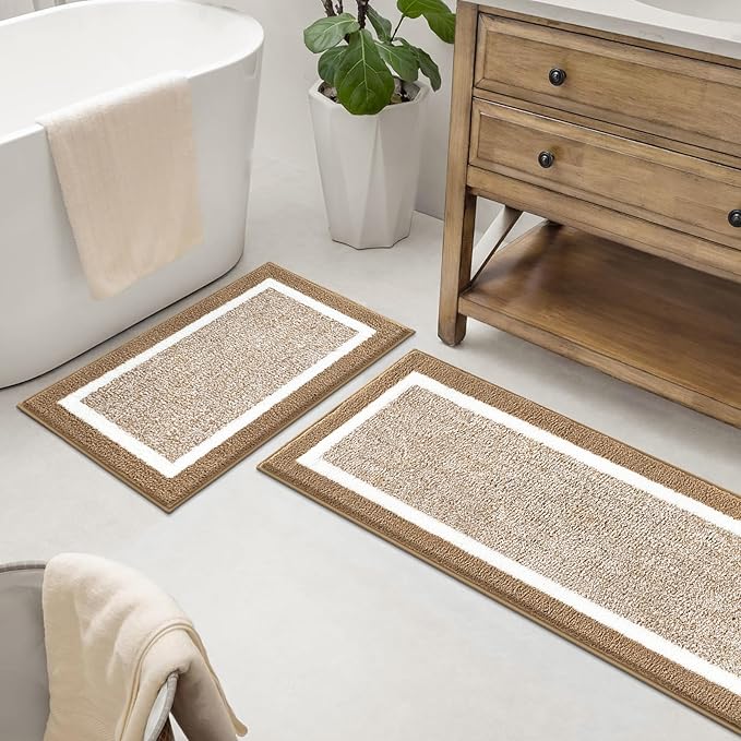 Pauwer Bathroom Rugs Sets 2 Piece, Non Slip Bath Mats for Bathroom, Absorbent Bath Rugs Floor Mat, Machine Washable Shower Rugs for Bath Floor, Tub and Shower, Khaki