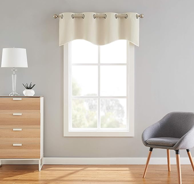 LinenZone 1 Scalloped Valance Curtain Panel - Premium Grommet Blackout Drape - 54 inch Wide x 18 Inches Long - Solid Thermal Insulated Draperies (Nicole Scallop 54 x 18, Ivory)