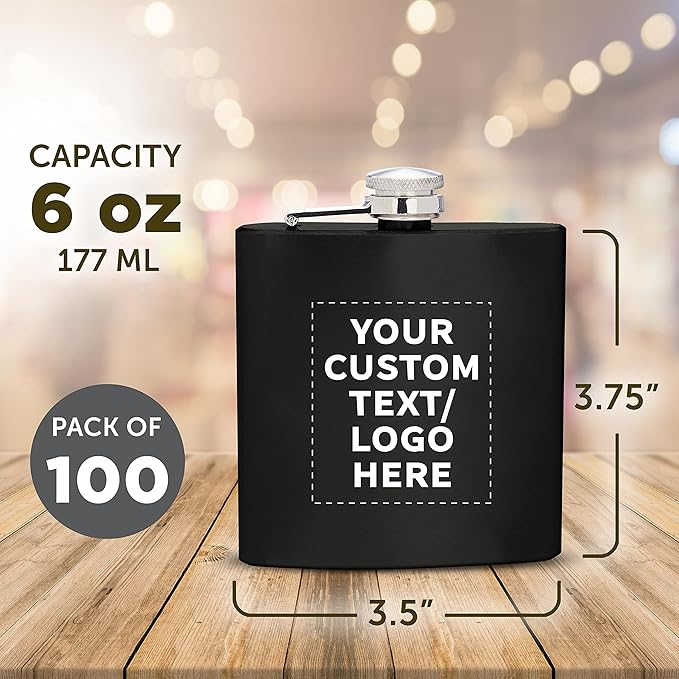 Custom Murano Stainless Steel Hip Flasks 6 oz. Set of 100, Personalized Bulk Pack - Screw on Cap, Great for Wedding Party Gifts, Groomsmen Gifts, Outdoor Activities - Black