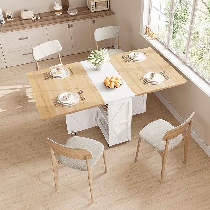Space Saving Folding Dining Table for 4, Farmhouse Foldable Dining Table with Drawer and Storage Shelf, 6 Wheels Multipose Expandable Kitchen Drop Leaf Table for Small Space (Pear Wood White)
