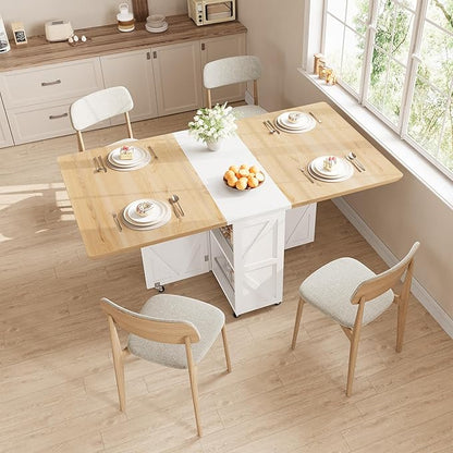 Space Saving Folding Dining Table for 2-4, Farmhouse Foldable Dining Table with Drawer and Storage Shelf, 6 Wheels Drop Leaf Kitchen Dining Room Table for Small Space (Natural, 47.2" x 23.6" x 29.9")