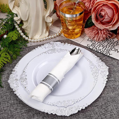 Hioasis 210pcs White and Silver Plastic Plates - Disposable Dinnerware Set Suitable for 30 Guests Include 10.25 Dinner & 7.5 Dessert Plates, Pre Rolled Silverware Set, Cups for Party & Wedding