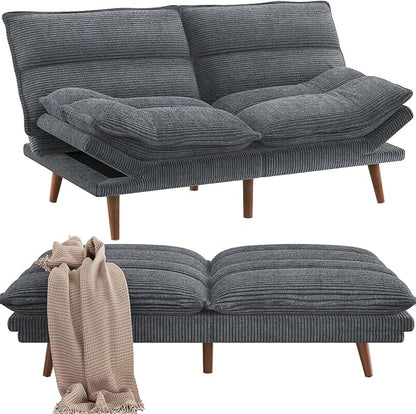 Pipishell Futon Sofa Bed, Convertible Futon Adjustable Backrest & Armrests, Corduroy Sleeper Couch for Small Spaces, Living Room, Office, Guest Room (Asphalt Grey, 66 Inch)