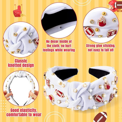 PANTIDE Football Jeweled Knotted Headband - Red Football Rhinestone Crystal Embellished Headband Wide Top Knot Fashion Hairband Mom Accessories Sports Game Day Birthday Gift for Fan Women Girl (White)
