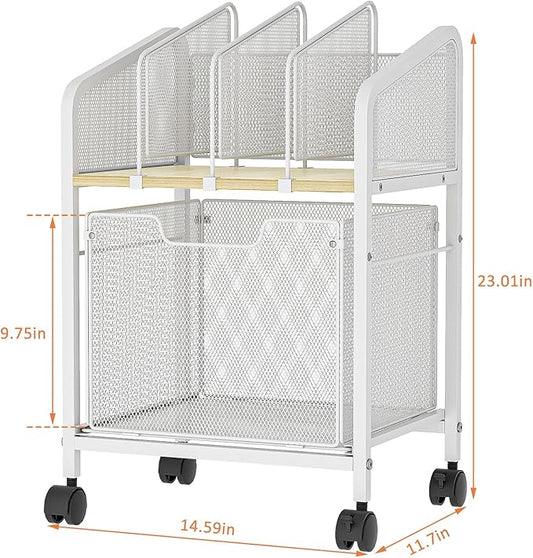 Rolling File Cabinet with Adjustable Dividers, Mobile Filing Cabinet with Storage Drawer on Lockable Wheels, Hanging File Organizer Beside Under Desk for Office, Home, White（Patent Pending）