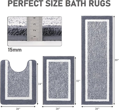 Pauwer Bathroom Rug Mat Set 3 Piece, Microfiber Shaggy Bath Set, Non-Slip Ultra Soft Carpet Mats, Absorbent with U-Shaped Toilet for Bathroom, Tub, Shower, Dark Grey
