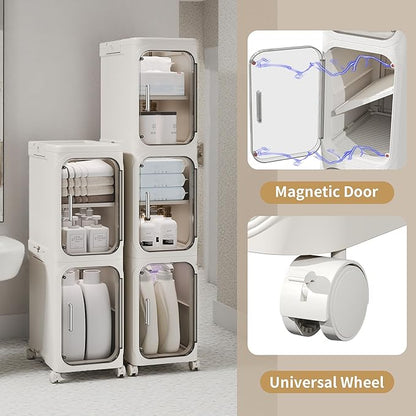 2-Tier Tall Narrow Storage Cabinet, Slim Bathroom Storage Cabinet with Adjustable Shelves and Wheels, Narrow Organizer for Small Space, Bathroom, Kitchen, Laundry, White
