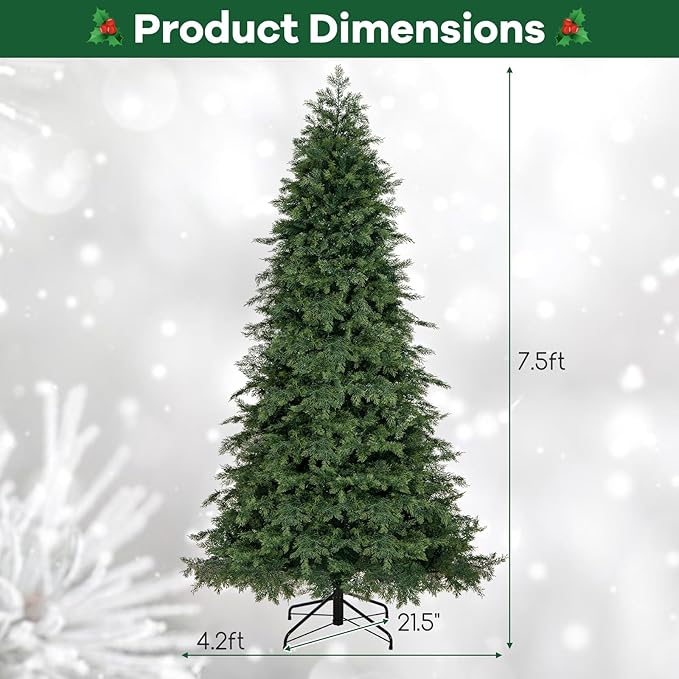 GOFLAME 7.5FT Artificial Christmas Tree, Hinged Xmas Spruce Tree with 1019 Branch Tips, Foldable Metal Stand, Seasonal Holiday Decoration Tree for Home Office Party