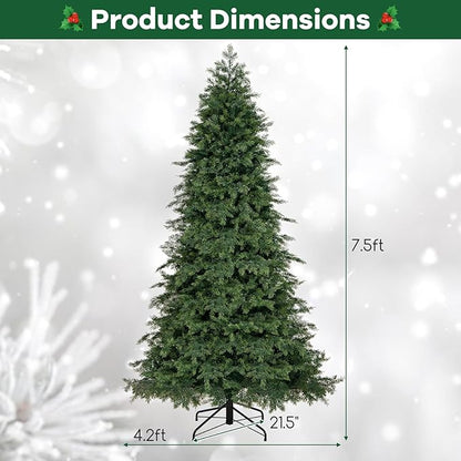 GOFLAME 7.5FT Artificial Christmas Tree, Hinged Xmas Spruce Tree with 1019 Branch Tips, Foldable Metal Stand, Seasonal Holiday Decoration Tree for Home Office Party
