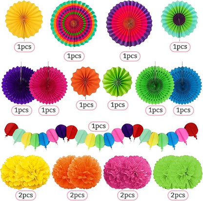 Fiesta Party Decorations, Multicolored Paper Pompoms Fan Garlands for Mexican Party Cinco De Mayo Luau Event Birthday Holi Decorations Colorful Rainbow Party Supplies