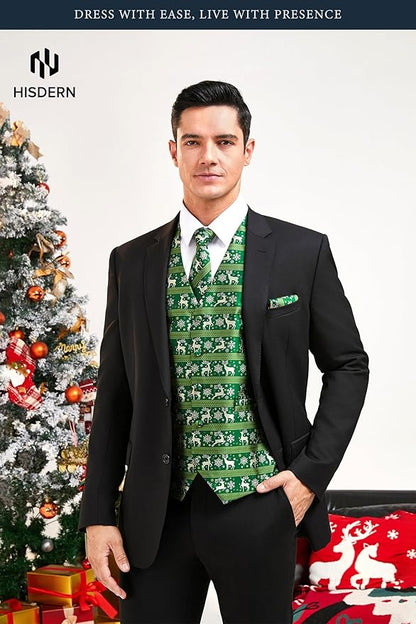 HISDERN Men's Suit Vest Christmas Holiday Season Party Jacquard Waistcoats Necktie Pocket Square Vest Suit Set