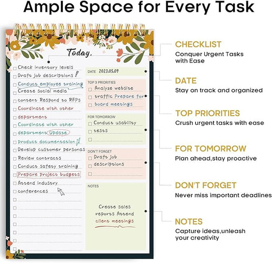 Taja To Do List Notepad - To Do List Notebook for Work with 52 Sheets, 9.8" x 6.5", Undated Daily Planner Perfect for Daily Tasks and Goal Setting, Notepad Suitable for Office, Home & School - Rustic Floral