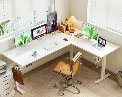 Casaottima 71 Inch Reversible Electric L Shaped Standing Desk, Height Adjustable Corner Stand up Desk, Ergonomic Large Lift Table for Home, Office, Workstation, Reception Room, White