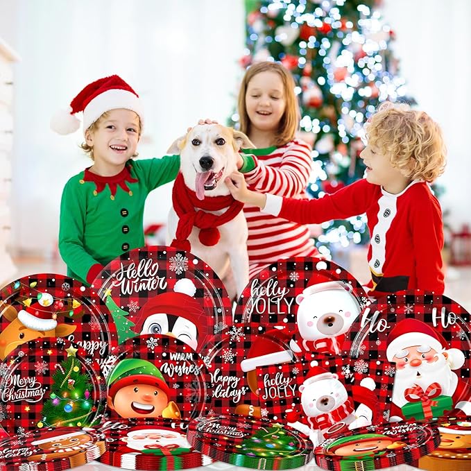 60pcs Christmas Paper Plates and Napkins Disposable Santa Snowman Christmas Plaid Plates Dinnerware Set Table Decorations for Holiday Xmas Party Supplies