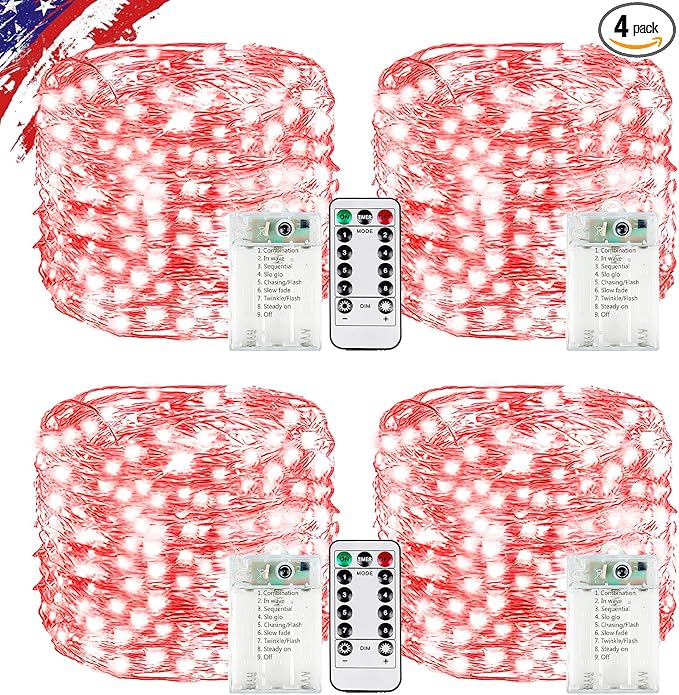 4Pack 80FT 240LED Fairy Lights Battery Operated with Remote & Timer 8 Modes Twinkle String Lights Battery Powered Indoor Outdoor Waterproof for Bedroom Classroom Christmas Décor, Red & Cool White