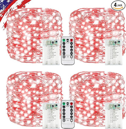 4Pack 80FT 240LED Fairy Lights Battery Operated with Remote & Timer 8 Modes Twinkle String Lights Battery Powered Indoor Outdoor Waterproof for Bedroom Classroom Christmas Décor, Red & Cool White
