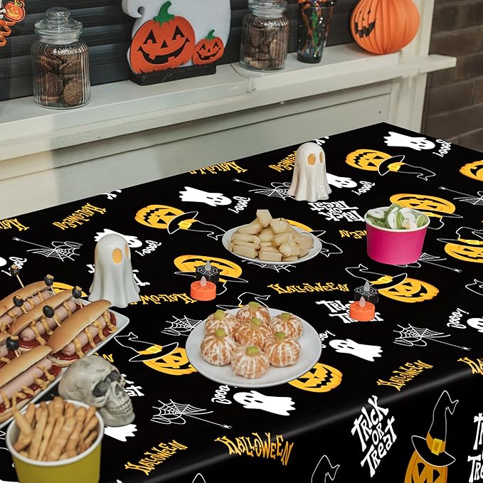 QZYL 4 Pack Halloween Coloring Tablecloth, 54" x 108" Pumpkin Decorations, Purple Disposable Table Cloth Black Plastic Tablecover, Halloween Party Decor Supplies Indoor Outdoor