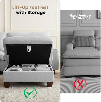 DOPEDIO L-Shaped Sectional Sofa with Storage Ottoman, Modern Chenille Recliner Loveseat, Removable Couch Covers, Pocket Spring Cushions, Solid Wood Frame, Easy to Install (71.25inch, Light Gray)