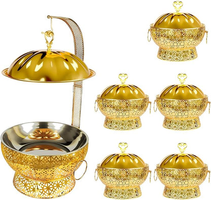 8QT Golden Chafing Dishes for Buffet, 6Pcs Round Stainless Steel Chafing Dish Set for Parties, Christmas Gatherings, Home, Catering Events Complete Buffet Warmer Colder Set (6)