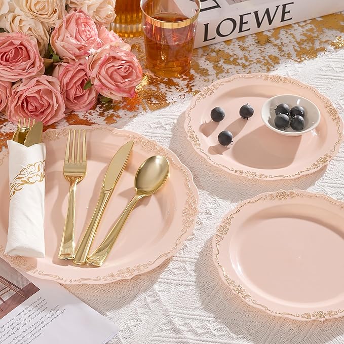 175 PCS Pink Disposable Plates, Elegant Dinnerware Set for 25 Guests, 50 Plastic Plates, 75 Silverware, 25 Cups & 25 Paper Napkins, Pink