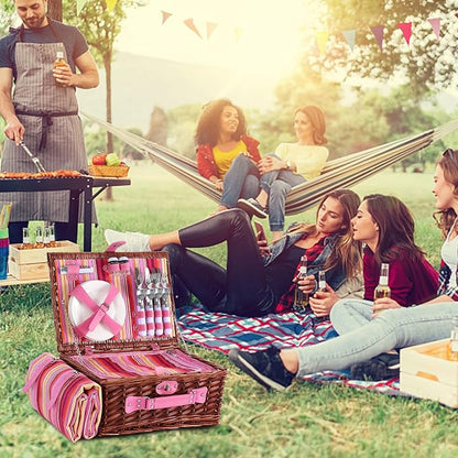 Wicker Picnic Basket for 4 with Waterproof Picnic Blanket and Insulated Cooler, Willow Hamper for Camping, Outdoors, Photoshoot, or a Birthday, Valentine’s Day, Wedding Gift, Pink