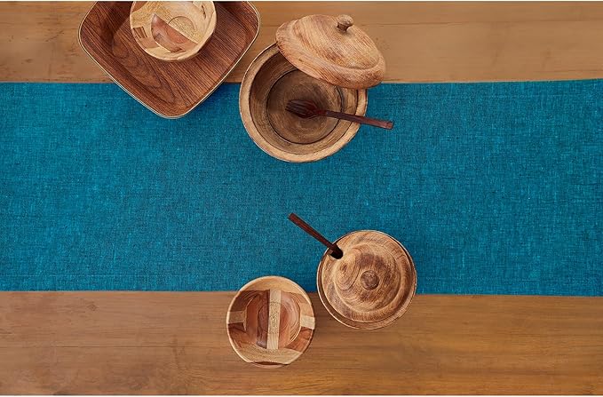 Solino Home Linen Table Runner 90 Inches Long - Athena, 100% Pure Linen Chambray Teal Table Runner 14 x 90 Inch for Dining, Fall, Autumn