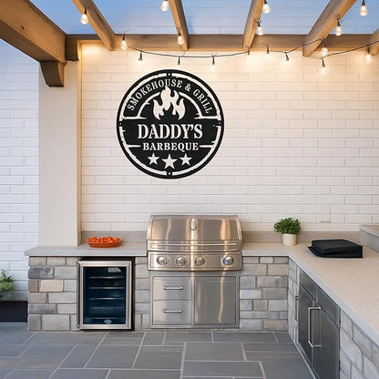 Custom Barbecue Lodge Metal Sign, Personalized Grill Name Cut Wall Art for Cabin, Rustic Patio and Outdoor Cooking Decor