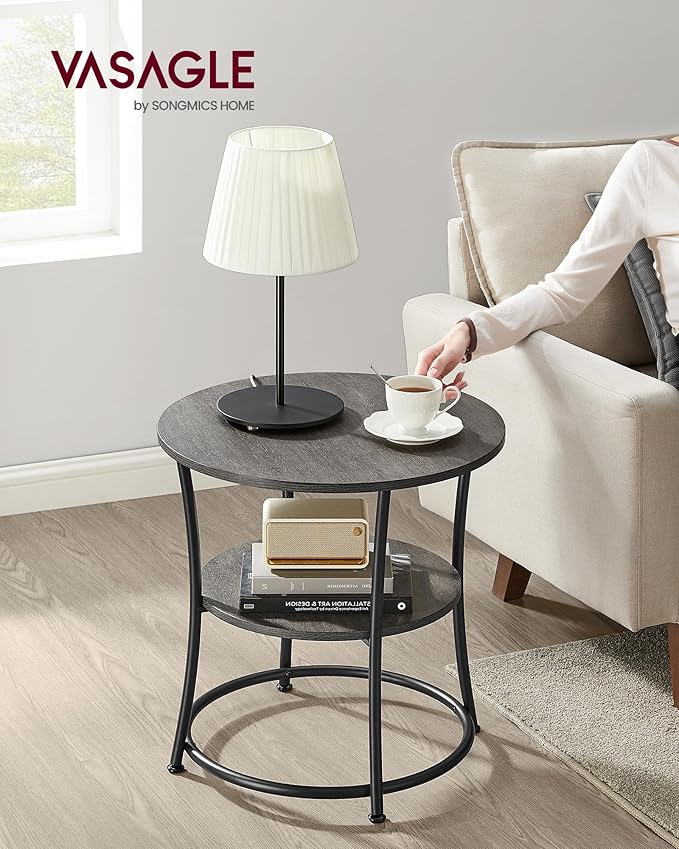 VASAGLE 21.7-Inch Round Side Table, 2-Tier End Table, Nightstand with Steel Frame, Spacious Top, for Small Spaces, Living Room, Bedroom, Misty Gray and Ink Black ULET056G68