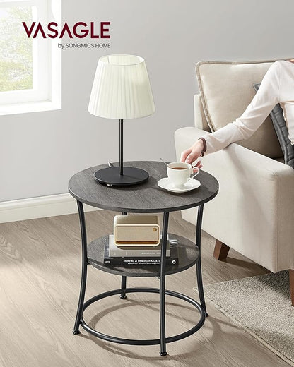 VASAGLE 21.7-Inch Round Side Table, 2-Tier End Table, Nightstand with Steel Frame, Spacious Top, for Small Spaces, Living Room, Bedroom, Misty Gray and Ink Black ULET056G68