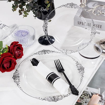 Hioasis 350pcs Clear Black Plastic Plates - Elegant Disposable Dinnerware Set Suitable for 50 Guests Include 10.25" Dinner & 7.5" Dessert Plates, Pre Rolled Silverware Set, Cups for Party & Wedding