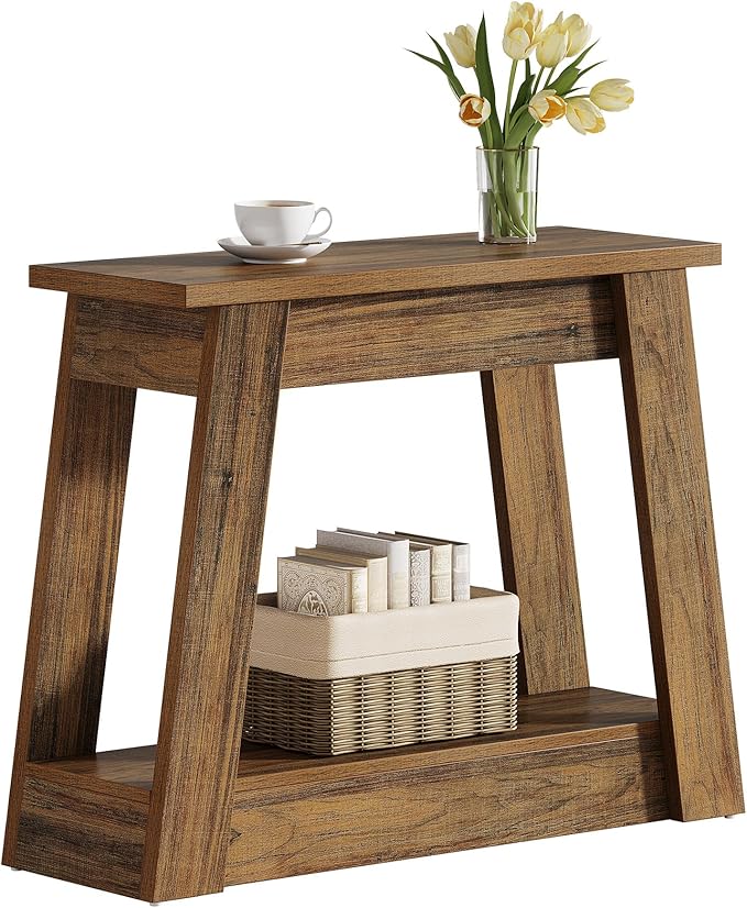 Tribesigns Wood End Table, Small Side Table with 2 Storage Shelves, Rustic Accent Narrow Nightstand for Living Room, Bedroom (1, Rustic Brown)
