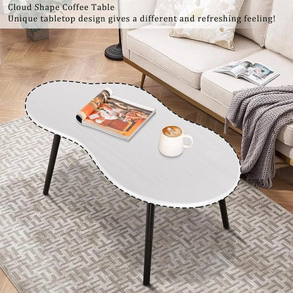 Small Coffee Table Cloud Shaped Irregular Center Table for Living Room Unique White Wood Grain Top Floor Table for Small Space Apartment