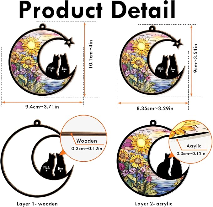 Personalized Cat Memorial Suncatcher – Custom Name & Cat Silhouette with Sunflower Background, Pet Loss Sympathy Gift, Memorial Keepsake for Cat Lovers (Up to 3 Pets)