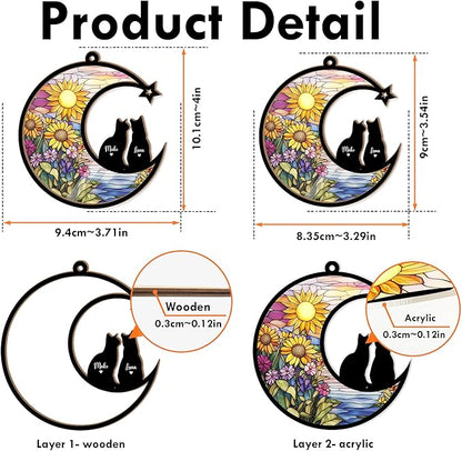 Personalized Cat Memorial Suncatcher – Custom Name & Cat Silhouette with Sunflower Background, Pet Loss Sympathy Gift, Memorial Keepsake for Cat Lovers (Up to 3 Pets)