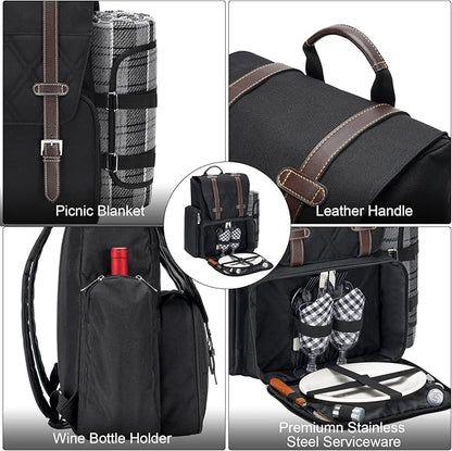 Picnic Backpack for 2 Person with Large Insulated Cooler Bag, Picnic Basket Set with Wine Pouch, Waterproof Picnic Blanket & Cutlery Set. Perfect for Camping, Party,Wedding Gift for Couple.2P-Black