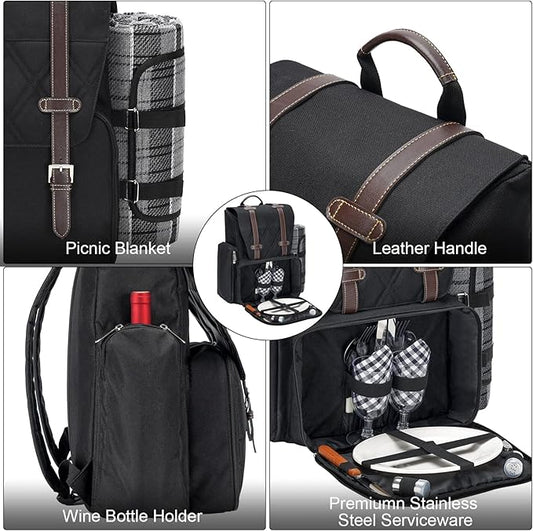 Picnic Backpack for 2 Person with Large Insulated Cooler Bag, Picnic Basket Set with Wine Pouch, Waterproof Picnic Blanket & Cutlery Set. Perfect for Camping, Party,Wedding Gift for Couple.2P-Black